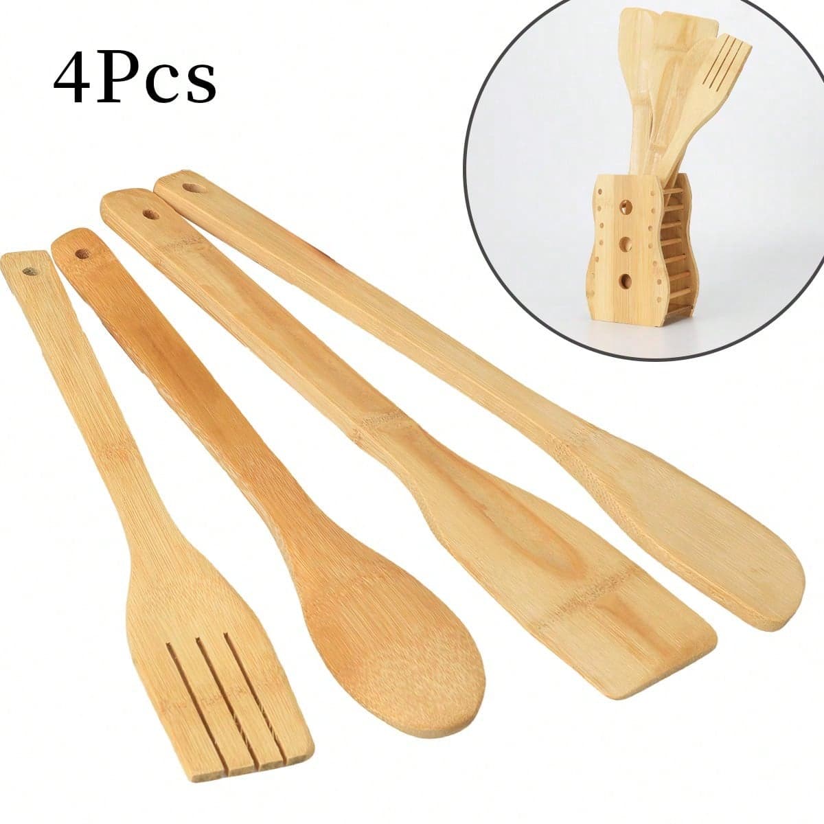Ensemble de 4 pièces, ensemble d'ustensiles de cuisine en bambou, cuillères en bambou pour ensemble de cuisine, ustensiles de cuisine en bois,