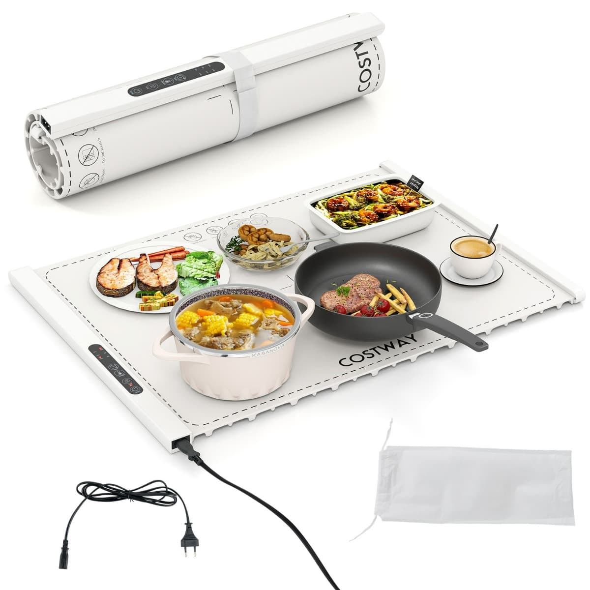CostwayTapis Chauffant Électrique pour Aliments Plateau en Silicone Enroulable et Portable avec Chauffage Rapide Température Blanc